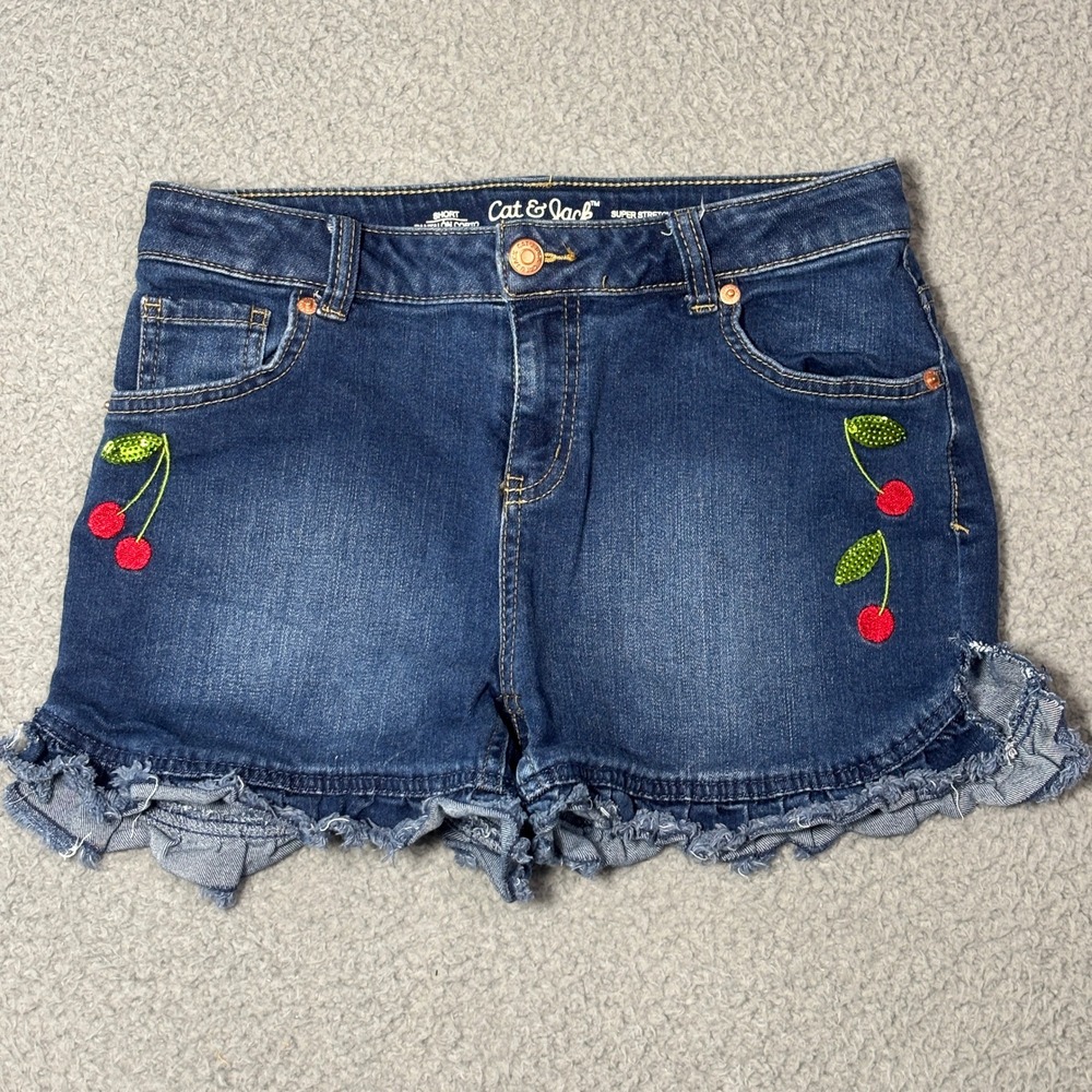 Cat & Jack Girls XL 14/16 Super Stretch Cherry Sequin Ruffle Denim Shorts Dark